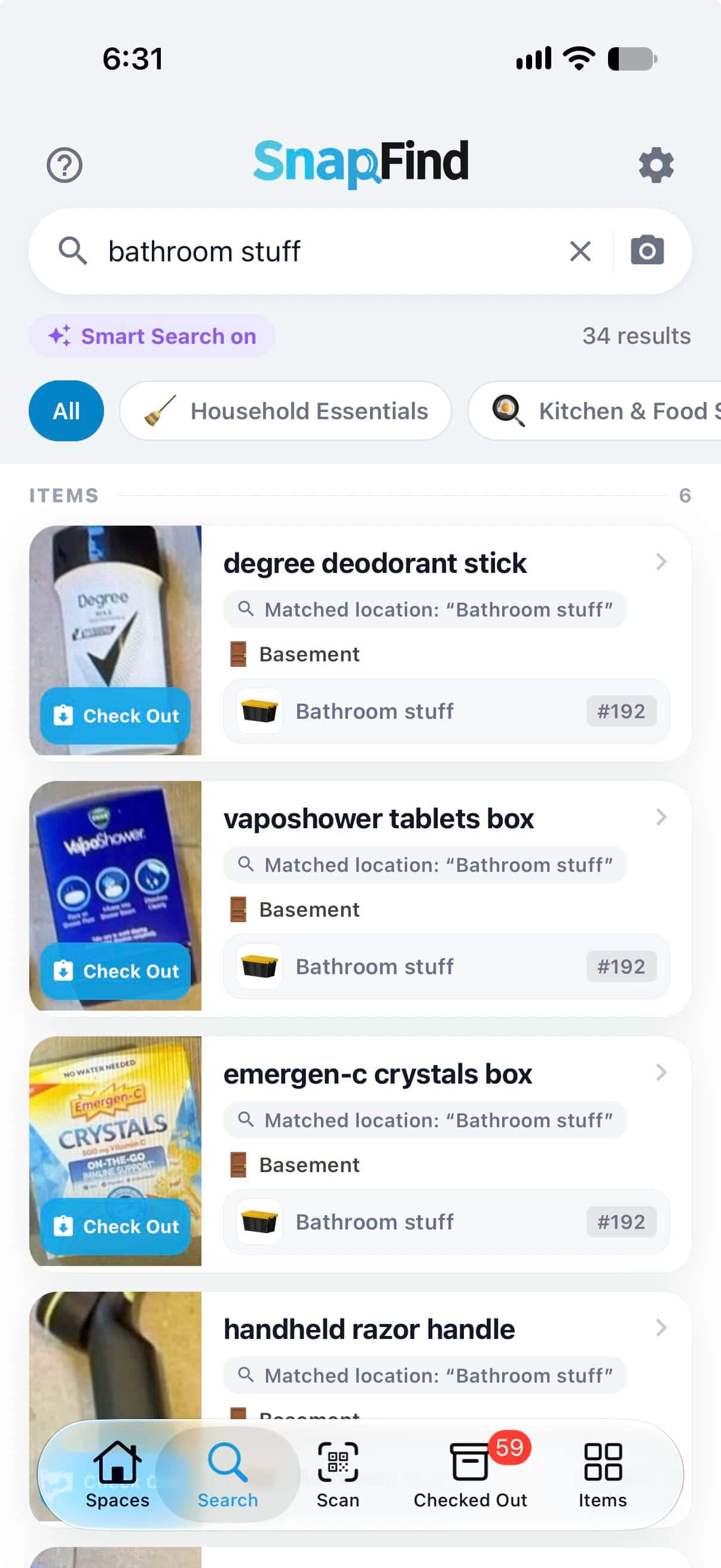 SnapFind search results showing which bin each item is in