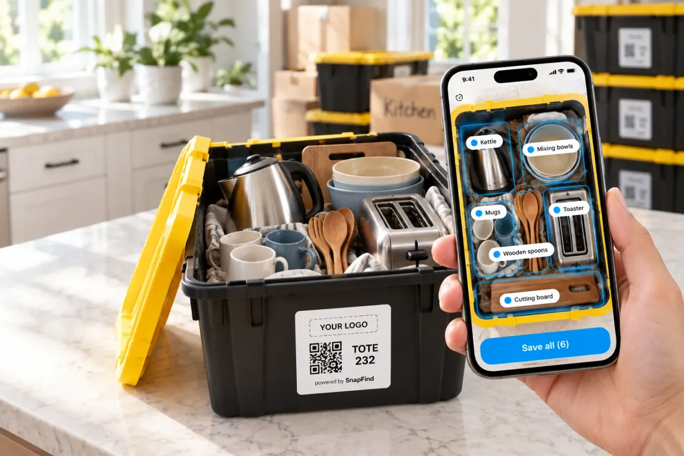 A phone over an open tote, SnapFind naming every item inside (Tote 232 Β· Kitchen)