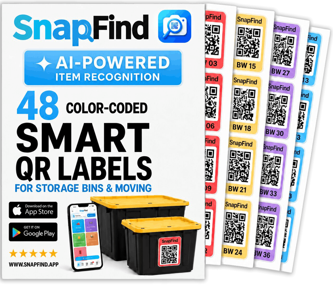 SnapFind pack of 48 color-coded smart QR labels for storage bins and moving