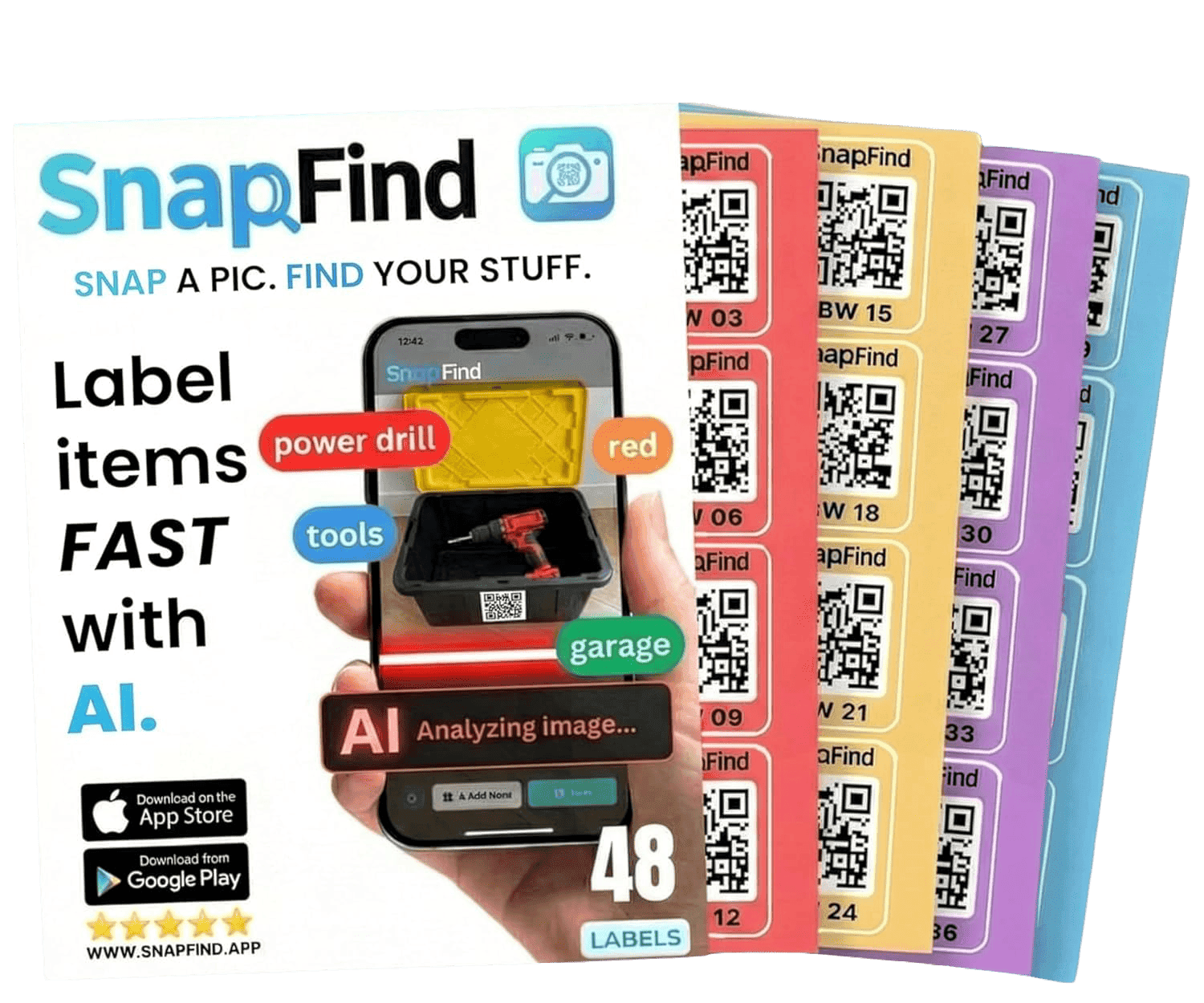 SnapFind pack of 48 colorful waterproof QR labels