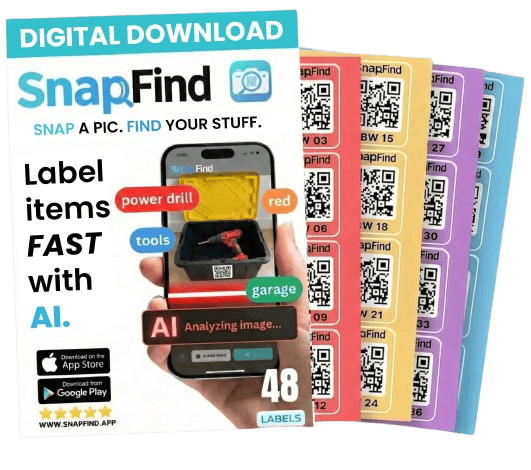 SnapFind QR Code Labels for storage bins